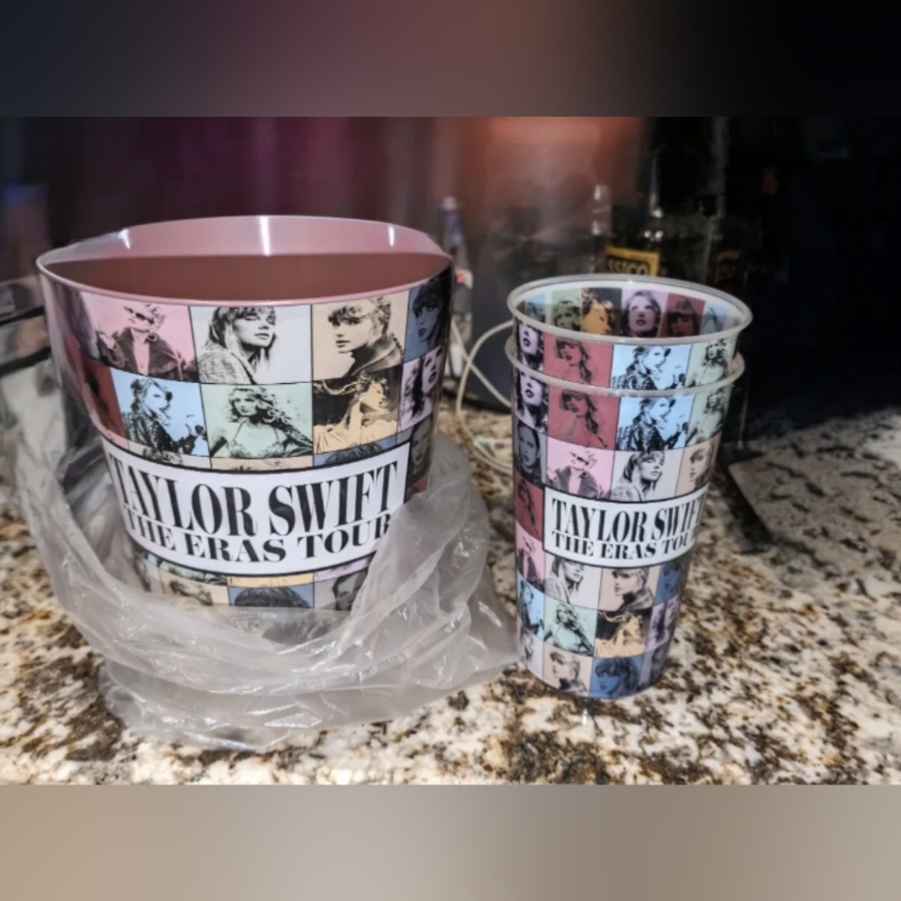 Taylor Swift Eras Tour AMC Metal Popcorn Bucket 2 Cups and Small Travel Bag, NEW